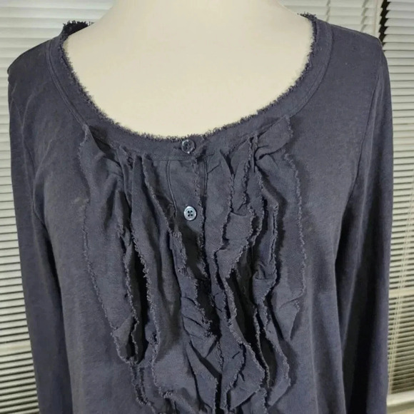 J. Crew Tuxedo Ruffle Front Navy Blue Scoop Neck Knit Top, Large (Org $70) - Picture 2 of 7